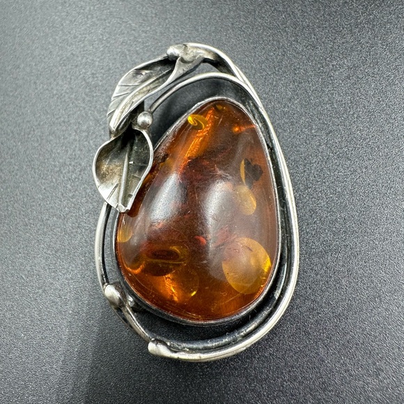 Vintage Baltic Amber and Sterling Silver Art Deco Statement Brooch
